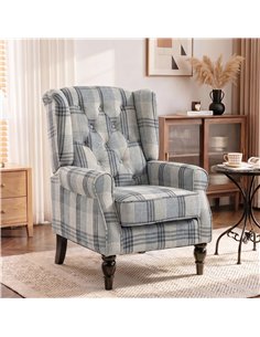 HOMCOM Faux Linen Armchair with Thick Spring Cushion, Wingback Accent Chair with High Back, Solid Wood Legs, Mixed Plaid 2