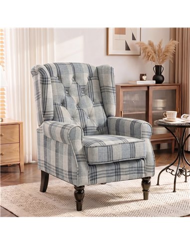 HOMCOM Faux Linen Armchair with Thick Spring Cushion, Wingback Accent Chair with High Back, Solid Wood Legs, Mixed Plaid
