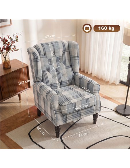HOMCOM Faux Linen Armchair with Thick Spring Cushion, Wingback Accent Chair with High Back, Solid Wood Legs, Mixed Plaid - pic 208046 | FastDaddyshop