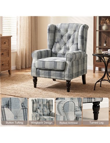 HOMCOM Faux Linen Armchair with Thick Spring Cushion, Wingback Accent Chair with High Back, Solid Wood Legs, Mixed Plaid