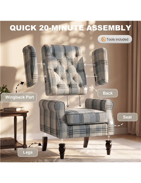 HOMCOM Faux Linen Armchair with Thick Spring Cushion, Wingback Accent Chair with High Back, Solid Wood Legs, Mixed Plaid - pic 208050 | FastDaddyshop