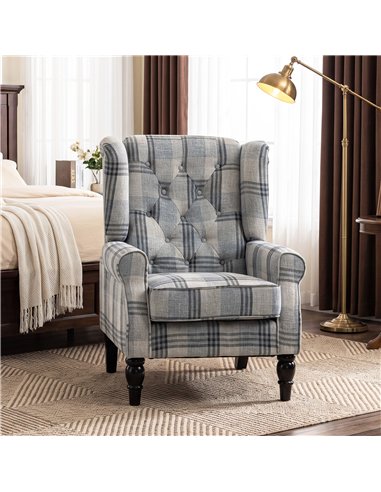 HOMCOM Faux Linen Armchair with Thick Spring Cushion, Wingback Accent Chair with High Back, Solid Wood Legs, Mixed Plaid