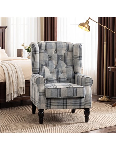 HOMCOM Faux Linen Armchair with Thick Spring Cushion, Wingback Accent Chair with High Back, Solid Wood Legs, Mixed Plaid - pic 208051 | FastDaddyshop