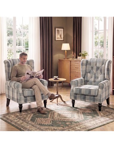 HOMCOM Faux Linen Armchair with Thick Spring Cushion, Wingback Accent Chair with High Back, Solid Wood Legs, Mixed Plaid