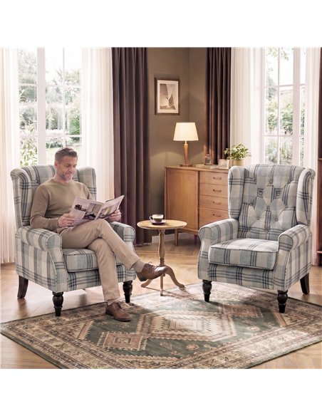 HOMCOM Faux Linen Armchair with Thick Spring Cushion, Wingback Accent Chair with High Back, Solid Wood Legs, Mixed Plaid - pic 208052 | FastDaddyshop