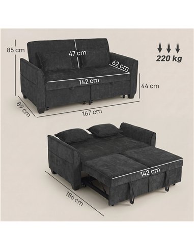 HOMCOM 2 Seater Sofa Bed, 4-in-1 L-Shaped Convertible Pull-Out Sleeper Sofa with Adjustable Backrest and Side Pockets, Black