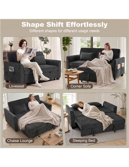 HOMCOM 2 Seater Sofa Bed, 4-in-1 L-Shaped Convertible Pull-Out Sleeper Sofa with Adjustable Backrest and Side Pockets, Black - pic 208056 | FastDaddyshop