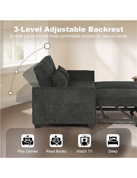 HOMCOM 2 Seater Sofa Bed, 4-in-1 L-Shaped Convertible Pull-Out Sleeper Sofa with Adjustable Backrest and Side Pockets, Black - pic 208057 | FastDaddyshop