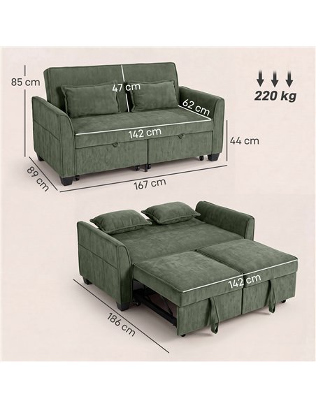 HOMCOM 2 Seater Sofa Bed, 4-in-1 L-Shaped Convertible Pull-Out Sleeper Sofa with Adjustable Backrest Side Pockets, Dark Green - pic 208064 | FastDaddyshop