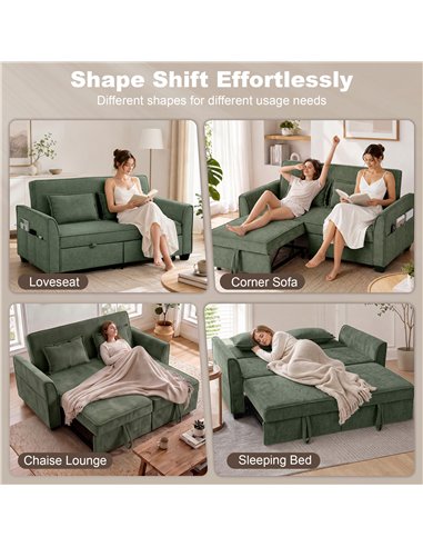 HOMCOM 2 Seater Sofa Bed, 4-in-1 L-Shaped Convertible Pull-Out Sleeper Sofa with Adjustable Backrest Side Pockets, Dark Green