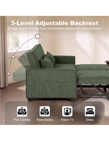 HOMCOM 2 Seater Sofa Bed, 4-in-1 L-Shaped Convertible Pull-Out Sleeper Sofa with Adjustable Backrest Side Pockets, Dark Green