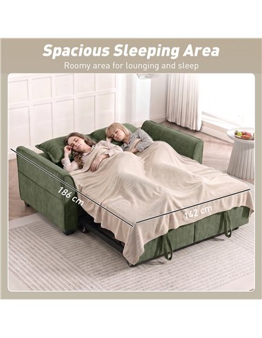 HOMCOM 2 Seater Sofa Bed, 4-in-1 L-Shaped Convertible Pull-Out Sleeper Sofa with Adjustable Backrest Side Pockets, Dark Green