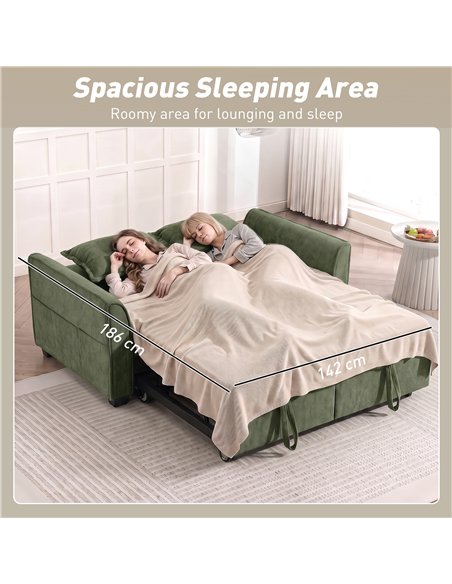 HOMCOM 2 Seater Sofa Bed, 4-in-1 L-Shaped Convertible Pull-Out Sleeper Sofa with Adjustable Backrest Side Pockets, Dark Green - pic 208068 | FastDaddyshop