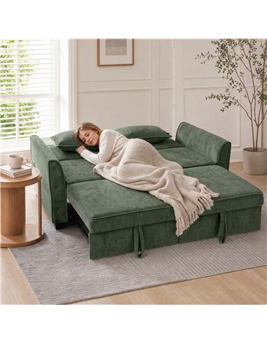 HOMCOM 2 Seater Sofa Bed, 4-in-1 L-Shaped Convertible Pull-Out Sleeper Sofa with Adjustable Backrest Side Pockets, Dark Green