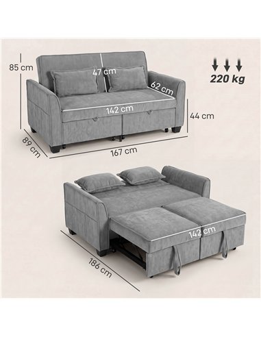HOMCOM 2 Seater Sofa Bed, 4-in-1 L-Shaped Convertible Pull-Out Sleeper Sofa with Adjustable Backrest and Side Pockets, Grey
