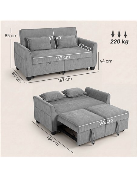HOMCOM 2 Seater Sofa Bed, 4-in-1 L-Shaped Convertible Pull-Out Sleeper Sofa with Adjustable Backrest and Side Pockets, Grey - pic 208073 | FastDaddyshop