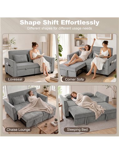 HOMCOM 2 Seater Sofa Bed, 4-in-1 L-Shaped Convertible Pull-Out Sleeper Sofa with Adjustable Backrest and Side Pockets, Grey