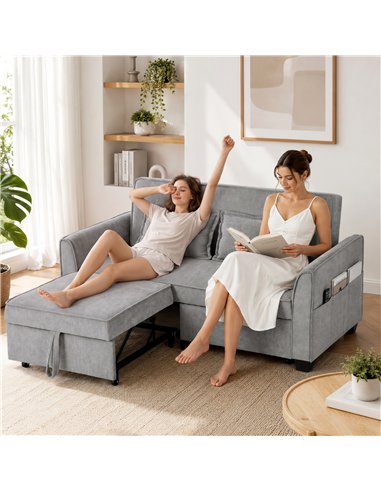 HOMCOM 2 Seater Sofa Bed, 4-in-1 L-Shaped Convertible Pull-Out Sleeper Sofa with Adjustable Backrest and Side Pockets, Grey