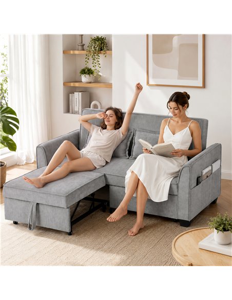 HOMCOM 2 Seater Sofa Bed, 4-in-1 L-Shaped Convertible Pull-Out Sleeper Sofa with Adjustable Backrest and Side Pockets, Grey - pic 208079 | FastDaddyshop
