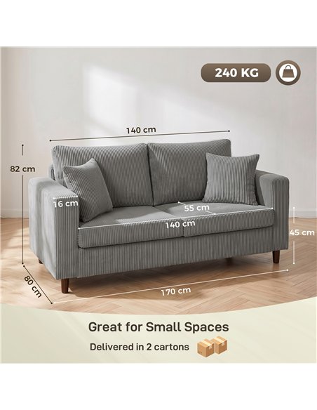 HOMCOM Loveseat Sofa with Wide Seat, Corduroy 2 Seater Couch with Deep Seat, Spring Cushion, Light Grey - pic 208082 | FastDaddyshop