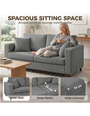 HOMCOM Loveseat Sofa with Wide Seat, Corduroy 2 Seater Couch with Deep Seat, Spring Cushion, Light Grey