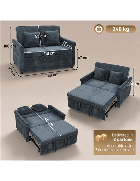 HOMCOM 2 Seater Sofa Bed 3-in-1 Convertible Chenille Pull Out Sleeper Sofa with 5-Position Adjustable Backrest, Dark Blue - pic 208091 | FastDaddyshop