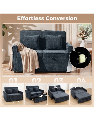 HOMCOM 2 Seater Sofa Bed 3-in-1 Convertible Chenille Pull Out Sleeper Sofa with 5-Position Adjustable Backrest, Dark Blue