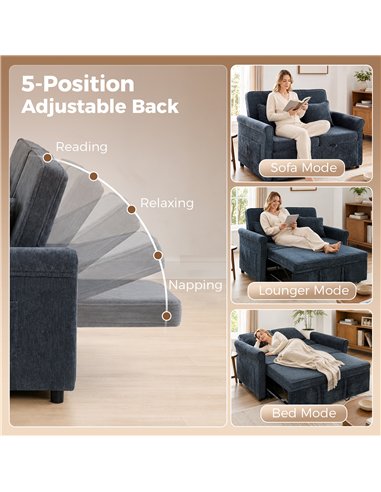 HOMCOM 2 Seater Sofa Bed 3-in-1 Convertible Chenille Pull Out Sleeper Sofa with 5-Position Adjustable Backrest, Dark Blue