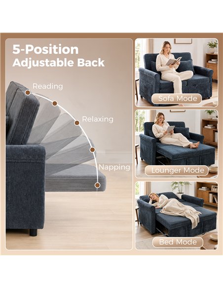 HOMCOM 2 Seater Sofa Bed 3-in-1 Convertible Chenille Pull Out Sleeper Sofa with 5-Position Adjustable Backrest, Dark Blue - pic 208093 | FastDaddyshop