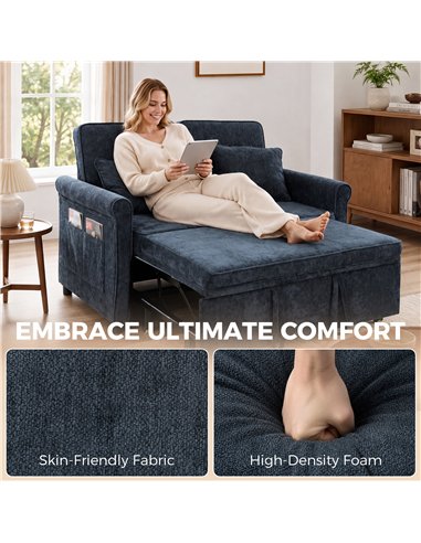 HOMCOM 2 Seater Sofa Bed 3-in-1 Convertible Chenille Pull Out Sleeper Sofa with 5-Position Adjustable Backrest, Dark Blue