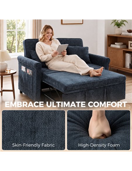 HOMCOM 2 Seater Sofa Bed 3-in-1 Convertible Chenille Pull Out Sleeper Sofa with 5-Position Adjustable Backrest, Dark Blue - pic 208094 | FastDaddyshop