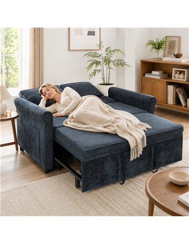 HOMCOM 2 Seater Sofa Bed 3-in-1 Convertible Chenille Pull Out Sleeper Sofa with 5-Position Adjustable Backrest, Dark Blue