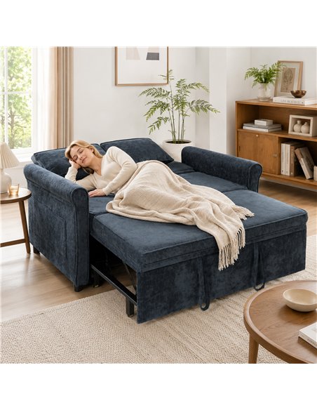 HOMCOM 2 Seater Sofa Bed 3-in-1 Convertible Chenille Pull Out Sleeper Sofa with 5-Position Adjustable Backrest, Dark Blue - pic 208096 | FastDaddyshop
