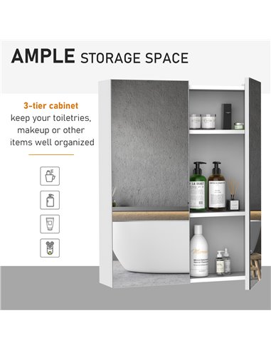 HOMCOM Bathroom Mirror Cabinet Wood Storage Shelf Wall Mount Double Door Cupboard Adjustable 60Wx15Dx75H - White