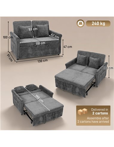 HOMCOM 2 Seater Sofa Bed 3-in-1 Convertible Chenille Pull Out Sleeper Sofa with 5-Position Adjustable Backrest, Grey
