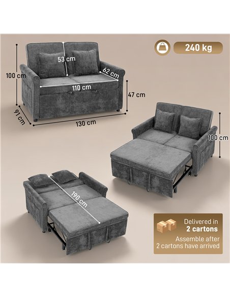 HOMCOM 2 Seater Sofa Bed 3-in-1 Convertible Chenille Pull Out Sleeper Sofa with 5-Position Adjustable Backrest, Grey - pic 208100 | FastDaddyshop