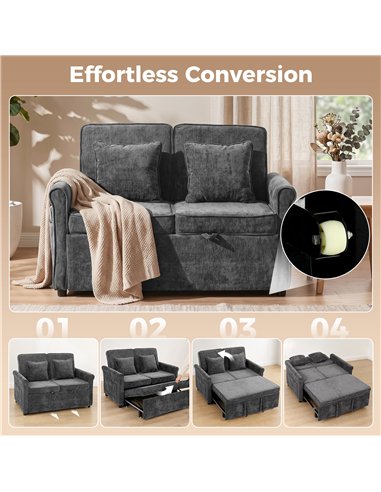 HOMCOM 2 Seater Sofa Bed 3-in-1 Convertible Chenille Pull Out Sleeper Sofa with 5-Position Adjustable Backrest, Grey