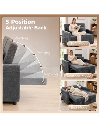 HOMCOM 2 Seater Sofa Bed 3-in-1 Convertible Chenille Pull Out Sleeper Sofa with 5-Position Adjustable Backrest, Grey