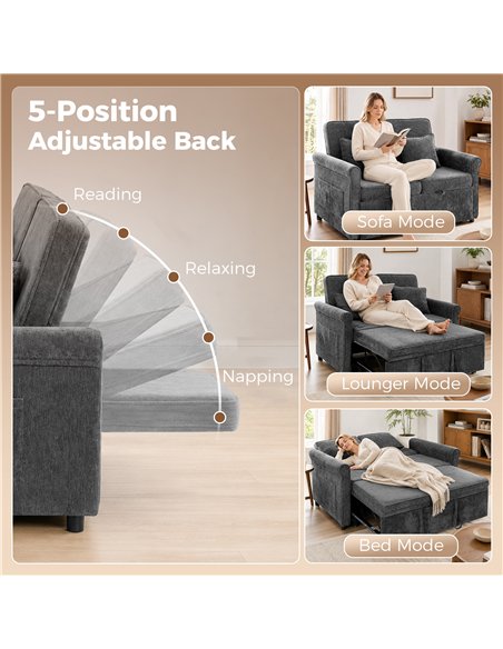 HOMCOM 2 Seater Sofa Bed 3-in-1 Convertible Chenille Pull Out Sleeper Sofa with 5-Position Adjustable Backrest, Grey - pic 208102 | FastDaddyshop