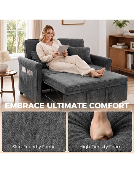 HOMCOM 2 Seater Sofa Bed 3-in-1 Convertible Chenille Pull Out Sleeper Sofa with 5-Position Adjustable Backrest, Grey - pic 208103 | FastDaddyshop