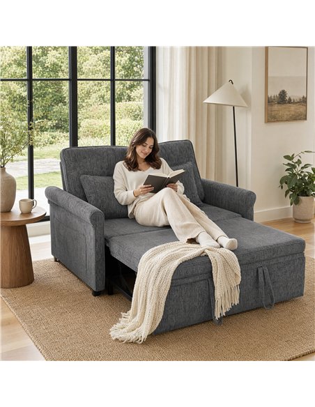 HOMCOM 2 Seater Sofa Bed 3-in-1 Convertible Chenille Pull Out Sleeper Sofa with 5-Position Adjustable Backrest, Grey - pic 208106 | FastDaddyshop