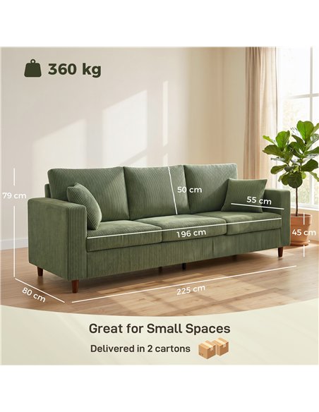 HOMCOM 3 Seater Sofa with Wide Seat, Corduroy Fabric Couch with Deep Seat, Spring Cushion, Green - pic 208109 | FastDaddyshop