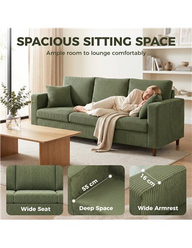 HOMCOM 3 Seater Sofa with Wide Seat, Corduroy Fabric Couch with Deep Seat, Spring Cushion, Green