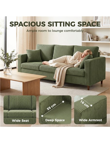 HOMCOM 3 Seater Sofa with Wide Seat, Corduroy Fabric Couch with Deep Seat, Spring Cushion, Green - pic 208110 | FastDaddyshop