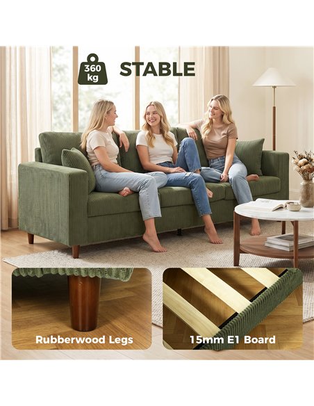 HOMCOM 3 Seater Sofa with Wide Seat, Corduroy Fabric Couch with Deep Seat, Spring Cushion, Green - pic 208113 | FastDaddyshop