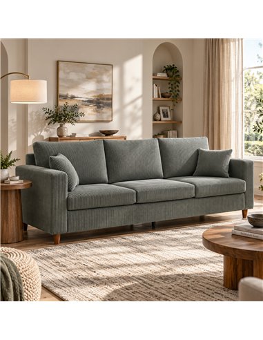 HOMCOM 3 Seater Sofa with Wide Seat, Corduroy Fabric Couch with Deep Seat, Spring Cushion, Light Grey