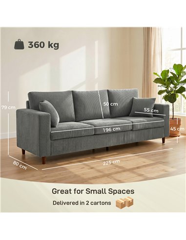 HOMCOM 3 Seater Sofa with Wide Seat, Corduroy Fabric Couch with Deep Seat, Spring Cushion, Light Grey