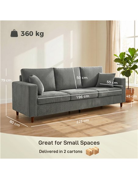 HOMCOM 3 Seater Sofa with Wide Seat, Corduroy Fabric Couch with Deep Seat, Spring Cushion, Light Grey - pic 208118 | FastDaddyshop