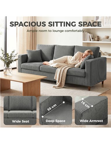 HOMCOM 3 Seater Sofa with Wide Seat, Corduroy Fabric Couch with Deep Seat, Spring Cushion, Light Grey