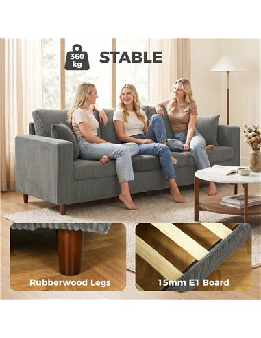 HOMCOM 3 Seater Sofa with Wide Seat, Corduroy Fabric Couch with Deep Seat, Spring Cushion, Light Grey
